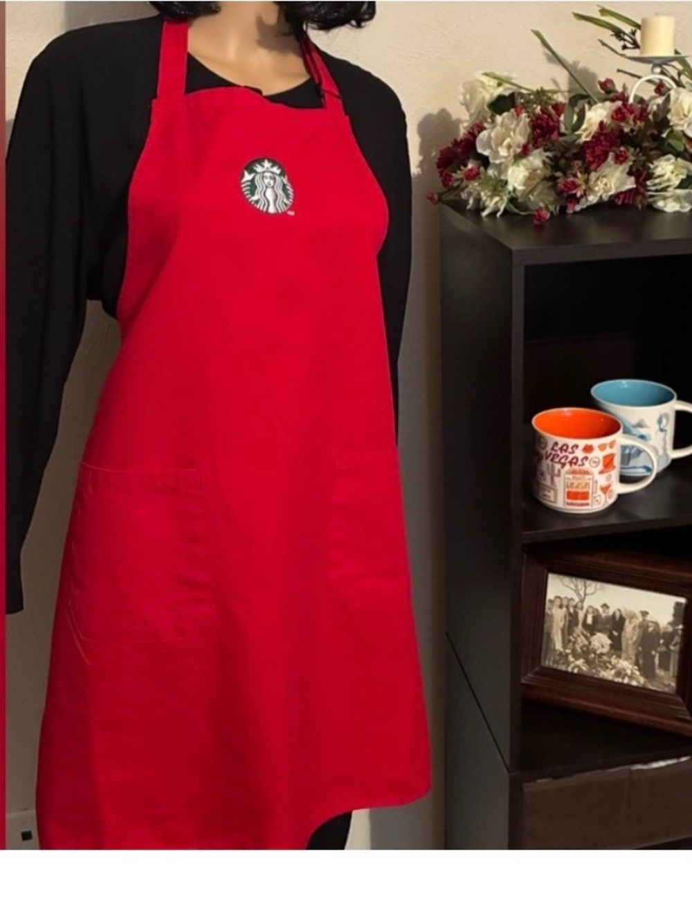 Starbucks Barista Red Apron. Starbucks coffee mugs also  available for sale!